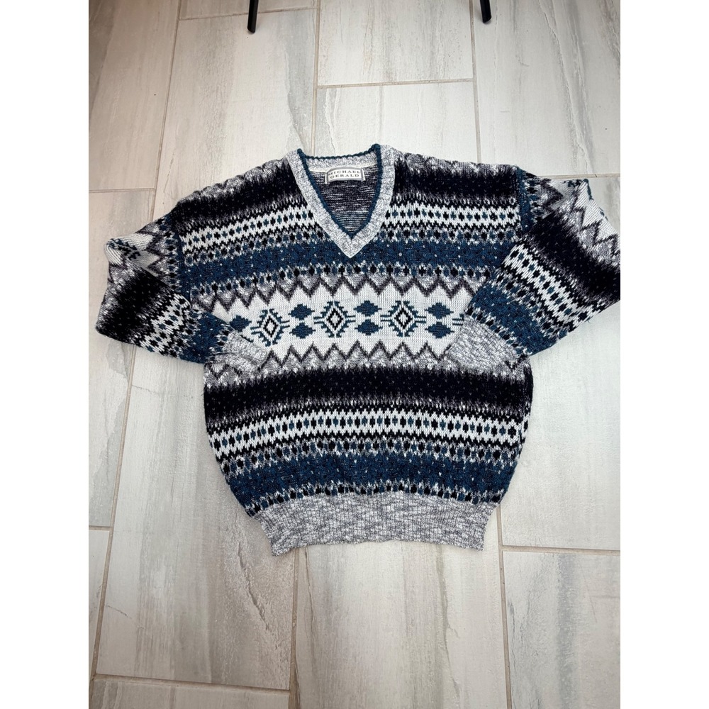 Michael Gerald Mens Vintage V-Neck Geometric Fair Isle Knit Sweater Blue Black